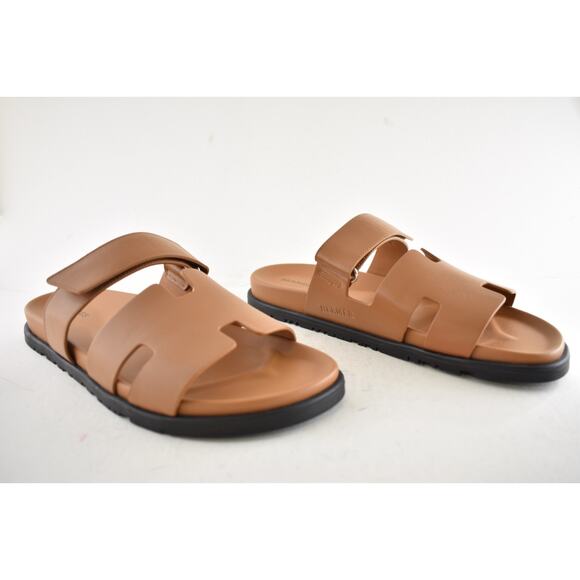 Hermes Chypre Sandal Mens Naturel Brown Gold Leather H Logo Slide Flat 45 12 - Picture 4 of 13